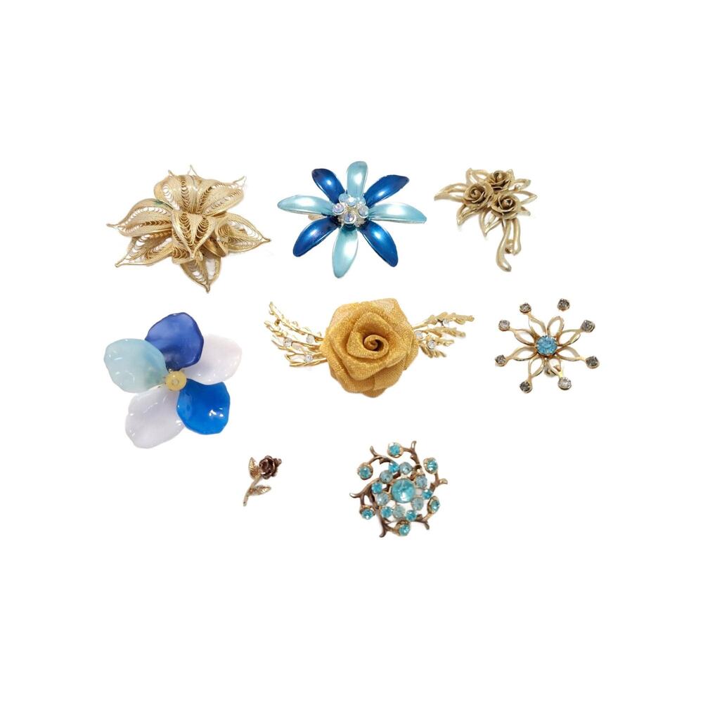 Vintage Blue and Gold Flower Brooch Lot of 8, Vintage Lapel Pin Bundle